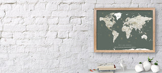 Framed World Map Pinboard in Sage Green & Off Whites, Available in B1, A1 and A2 Sizes and Framed in either Tasmanian Oak, Black or White Timber Frames. Our most popular World Map with Pins.