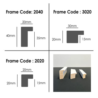 White Timber Frames available in 3 Styles, Box Frame, Small 20mm Frame or 30mm Frame. Available in a range of photo, poster and print sizes. Custom sizes also available