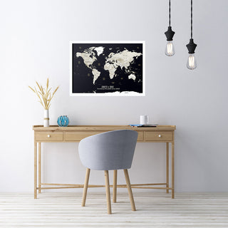 Personalised World Map Poster in Black & Whites. This is a great Travel Map Poster Gift. Personalise this Map of the world with an inspirational quote or family names, and track past and future travels. Available in Large World Map B1, or A1, A2 sizes and Option to upgrade to World Map Framed Pinboard in Oak, Black or White frames