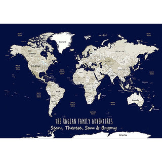 Personalised World Map Poster in Navy & Whites. This is a great Travel Map Poster Gift. Personalise this Map of the world with an inspirational quote or family names, and track past and future travels. Available in Large World Map B1, or A1, A2 sizes and Option to upgrade to World Map Framed Pinboard in Oak, Black or White frames