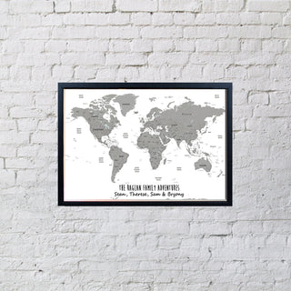 Personalised World Map Poster in White & Grey. This is a great Travel Map Poster Gift. Personalise this Map of the world with an inspirational quote or family names, and track past and future travels. Available in Large World Map B1, or A1, A2 sizes and Option to upgrade to World Map Framed Pinboard in Oak, Black or White frames