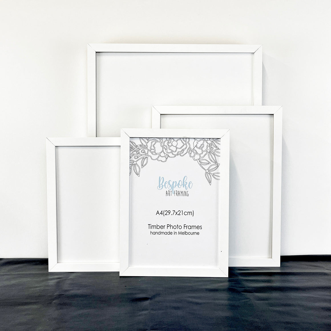 White Photo Frame in a range of Photo and Print Sizes. 11x14", A4, 8"x10", A5, 6"x8". Quality Timber Picture Frame in White made by Custom Framer, includes Perspex and Foam backing 