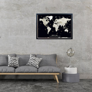 Personalised World Map Framed Pin Board in Black & Whites is a Travel Map Poster Gift. Personalise this Map of the world with an inspirational quote or family names, and track past and future travels by placing pins on the destinations of choice. Available in Large World Map B1, or A1, A2 sizes and Framed in Oak, Black or White frames