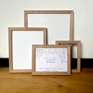 Oak Photo Frame in a range of Photo and Print Sizes. 11x14", A4, 8"x10", A5, 6"x8". Quality Oak Timber Picture Frame made by Custom Framer, includes Perspex and Foam backing 